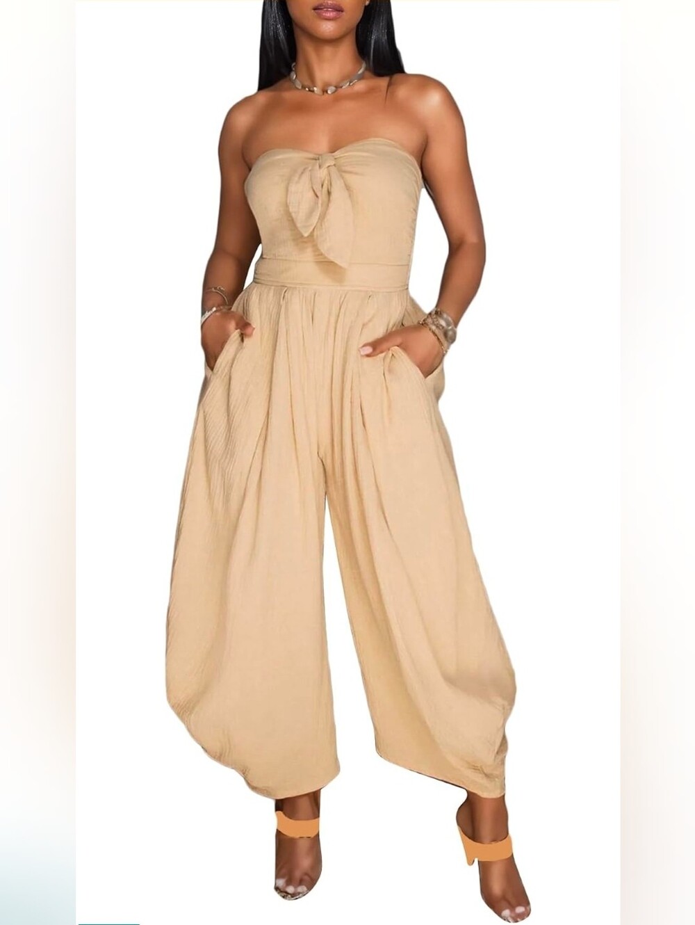 NEW- Strapless Wide-Leg Beige Jumpsuit with Pockets - Women's